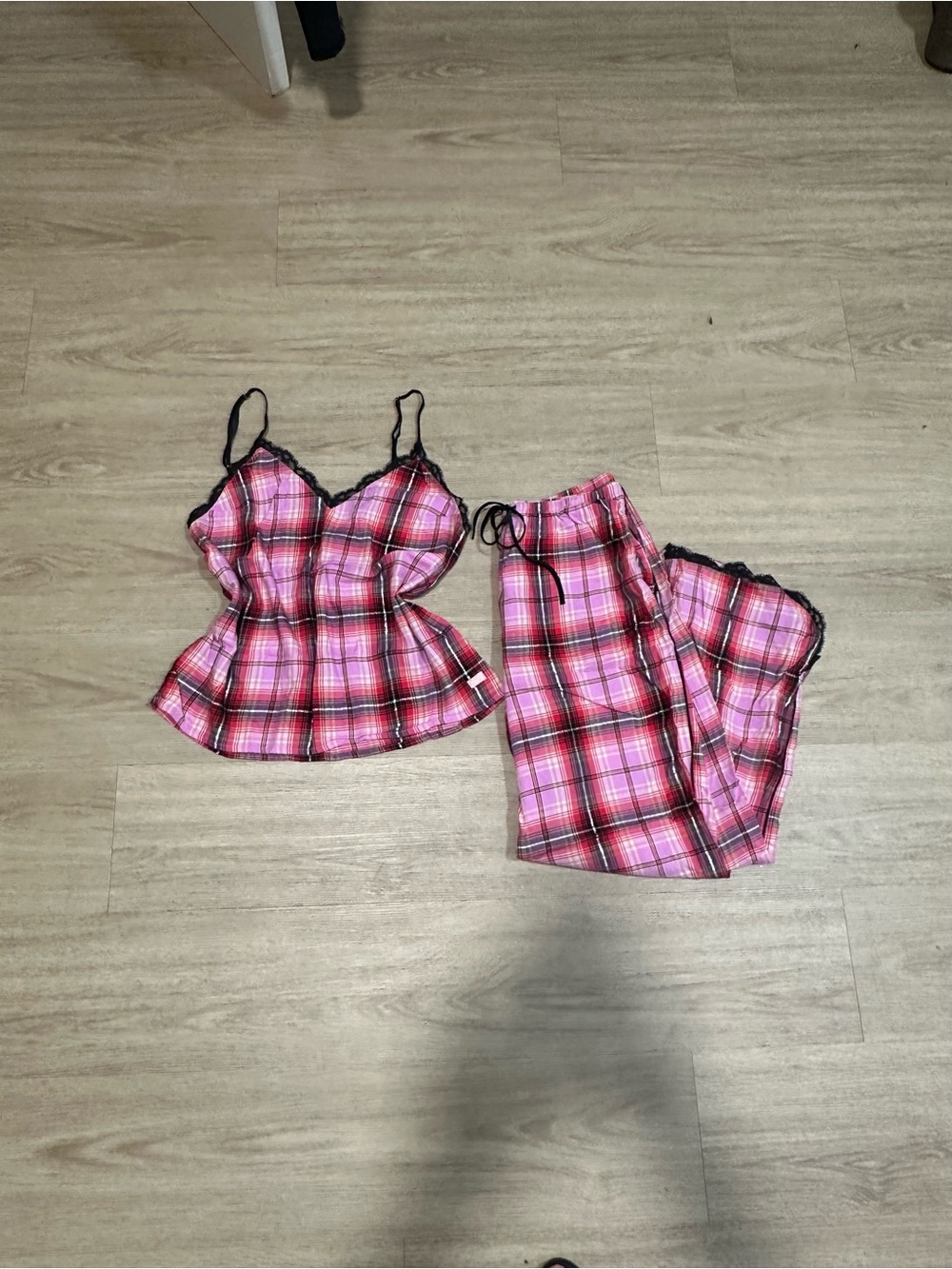 Victoria's Secret Pink Plaid Lace-Trim Camisole & Pajama Set